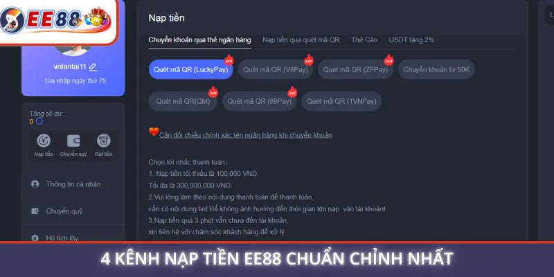 4 kênh nạp tiền EE88 chuẩn chỉnh nhất