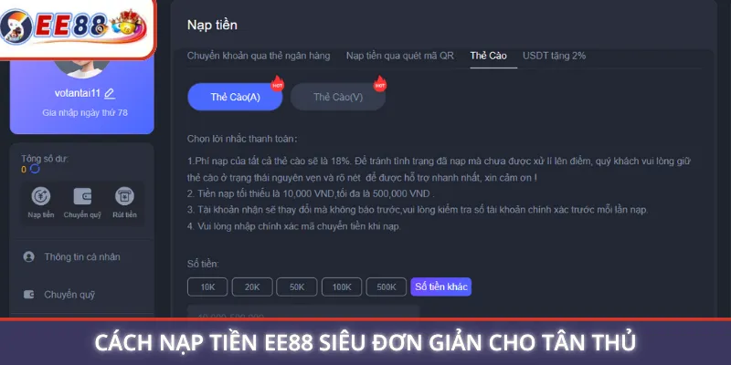 Cách nạp tiền EE88 siêu đơn giản cho tân thủ